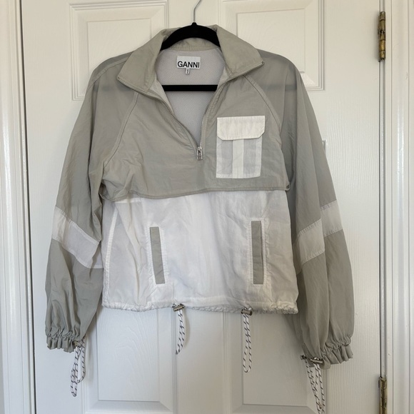 GANNI Two-Tone Shell and Mesh Track Jacket Light Gray White Size EU 32 US 0 - Picture 2 of 7